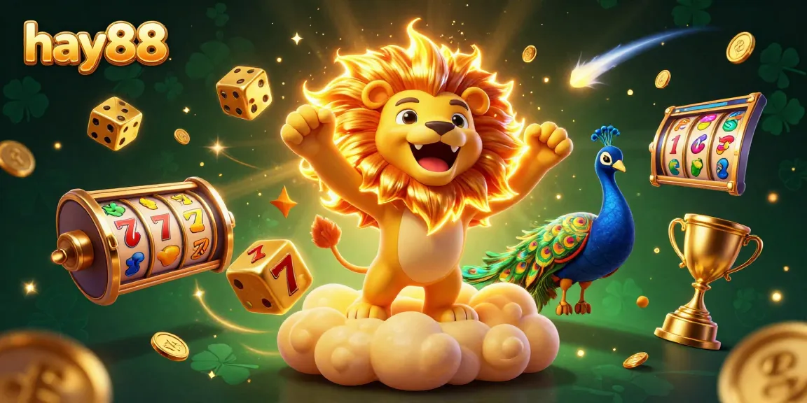 Experience the excitement of hay88 with a vibrant 3D casino scene featuring dynamic slot elements and roaring lion.