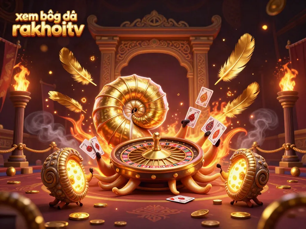 Experience xem bóng đá rakhoitv with vibrant 3D illustration featuring a giant nautilus as a roulette wheel.