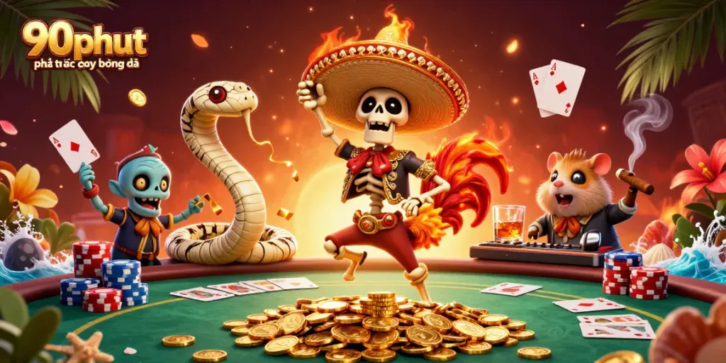 Experience thrilling wins with 90phut phát trực tiếp bóng đá, featuring lively characters in a vibrant gambling scene.