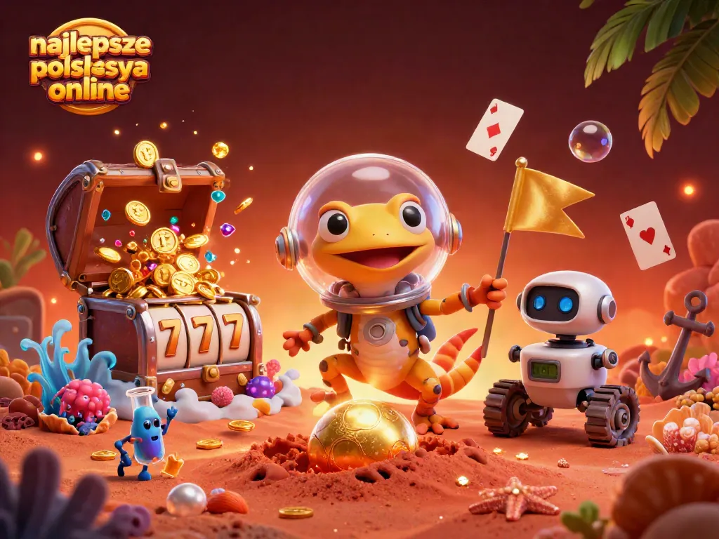 Experience the excitement of najlepsze polskie kasyna online with a Martian gecko discovering a golden casino.