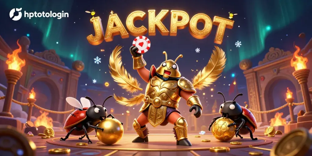 Experience the thrill of hptotologin with an epic victory scene showcasing a beetle champion lifting chips amidst a spectacular casino backdrop.