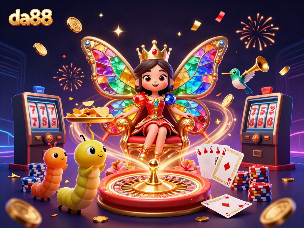 da88 showcases a vibrant online casino scene with a butterfly queen and dynamic gaming elements.
