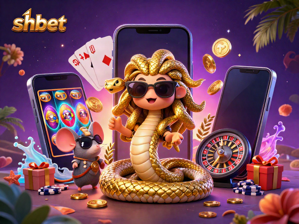 Experience gaming excitement with SHBET in this vibrant, dynamic 3D illustration featuring unique characters and casino elements.
