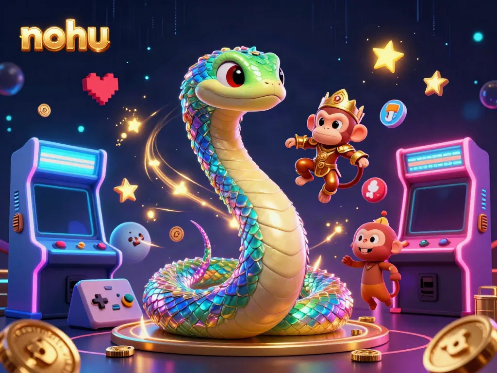 Nohu displays thrilling colorful casino elements with a rainbow serpent and monkey king in a vibrant gaming scene.