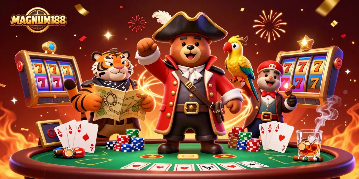 Experience the excitement of MAGNUM188 with thrilling slot reels and poker action in a vibrant casino scene.