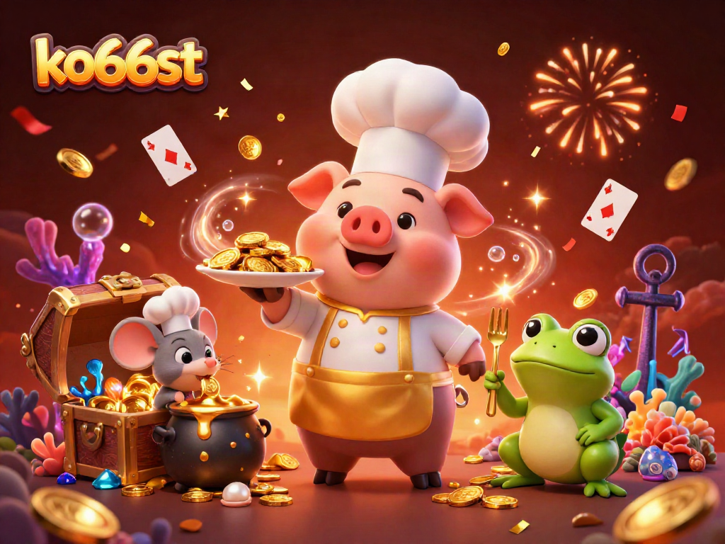 Experience exciting gaming with ko66st in a vibrant 3D casino world featuring whimsical characters.