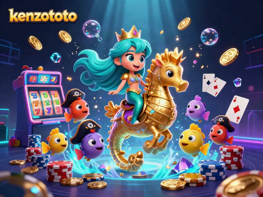 Engage in thrilling fun with kenzototo's colorful 3D mermaid gaming illustration featuring slots and poker.