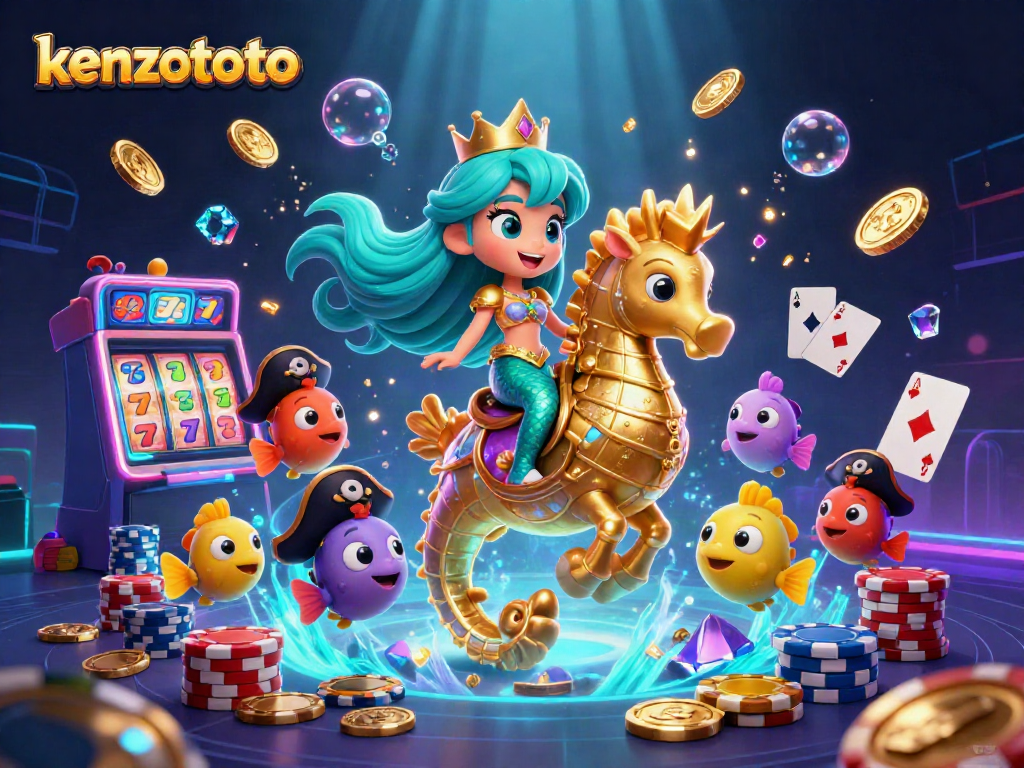 Engage in thrilling fun with kenzototo's colorful 3D mermaid gaming illustration featuring slots and poker.