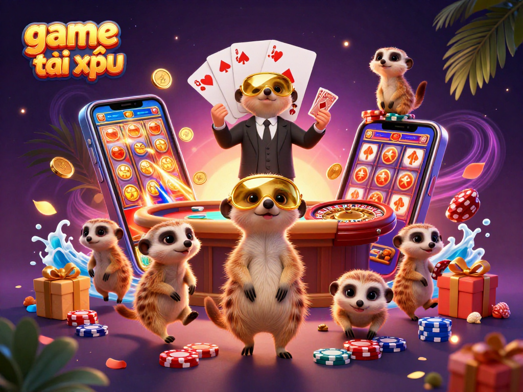 Experience the excitement of game tài xỉu with playful meerkats in a vibrant casino scene filled with thrilling gaming elements.
