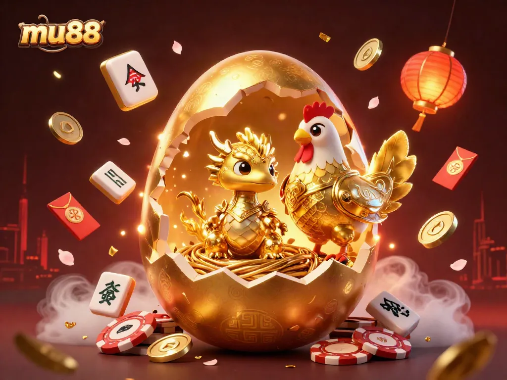 Experience exciting wins at mu88 with a golden dragon and poker chips amidst festive casino elements.