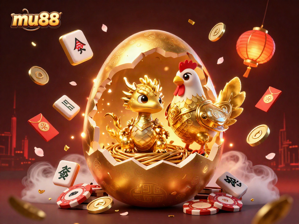 Experience exciting wins at mu88 with a golden dragon and poker chips amidst festive casino elements.