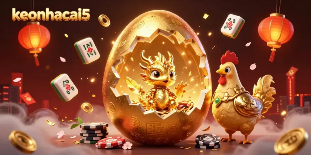Engage with keonhacai5 and discover a dazzling 3D golden dragon nestled in poker chips amidst vibrant casino elements.