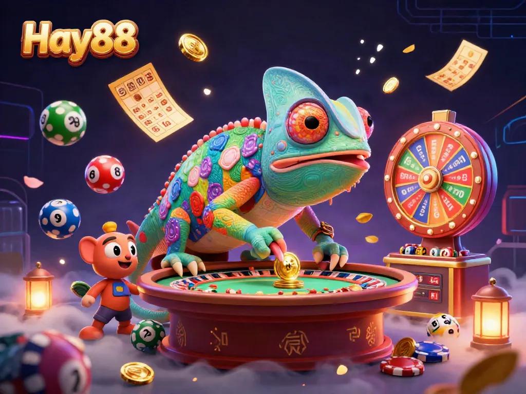 Engage with exciting casino adventures at Hay88 with a vibrant 3D scene of dynamic gambling elements.
