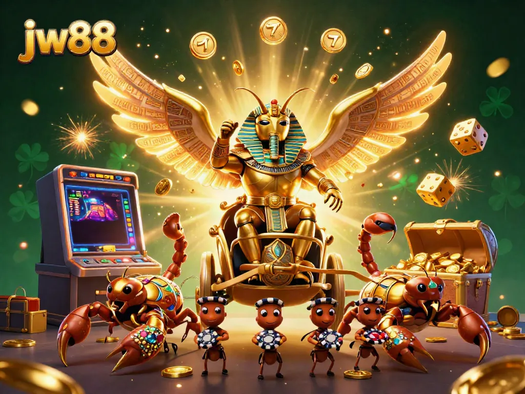 Experience the excitement of jw88 with a dynamic 3D scene featuring a colossal scarab and slot machine magic.