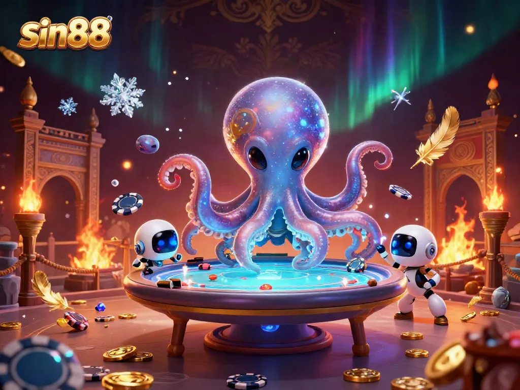 Win big with sin88 in a vibrant alien-themed poker game featuring a floating holographic table.