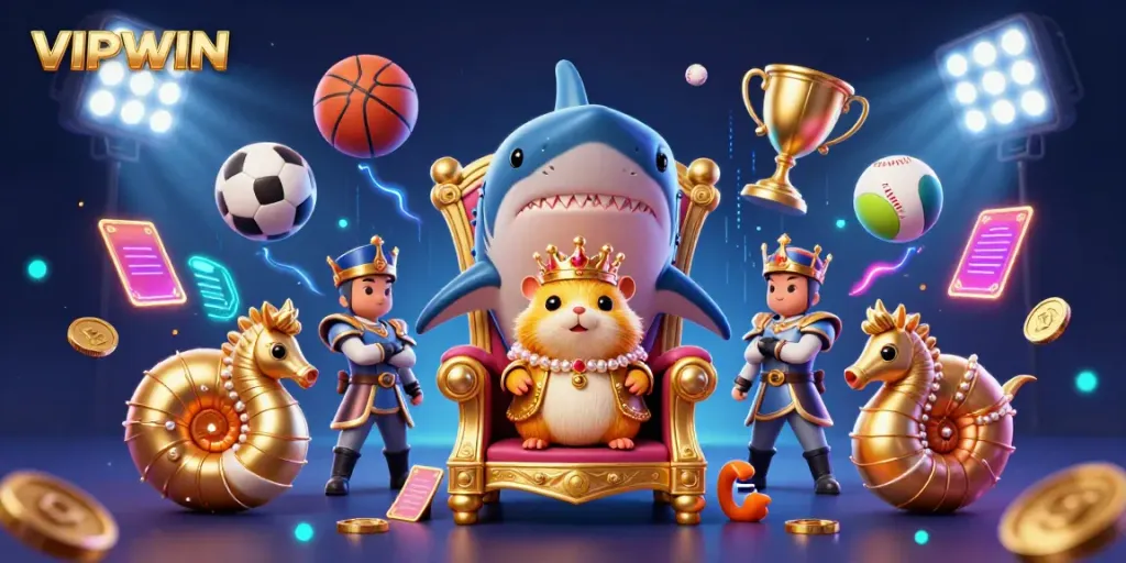 Experience the excitement of VIPWIN with a golden hamster king and royal guards amidst dynamic sports elements.