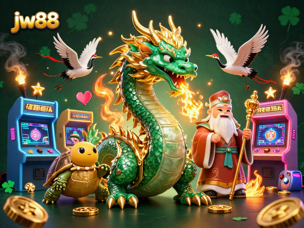 Win big at jw88 with a dynamic scene featuring dragons, turtles, and cranes in a vibrant casino setting.
