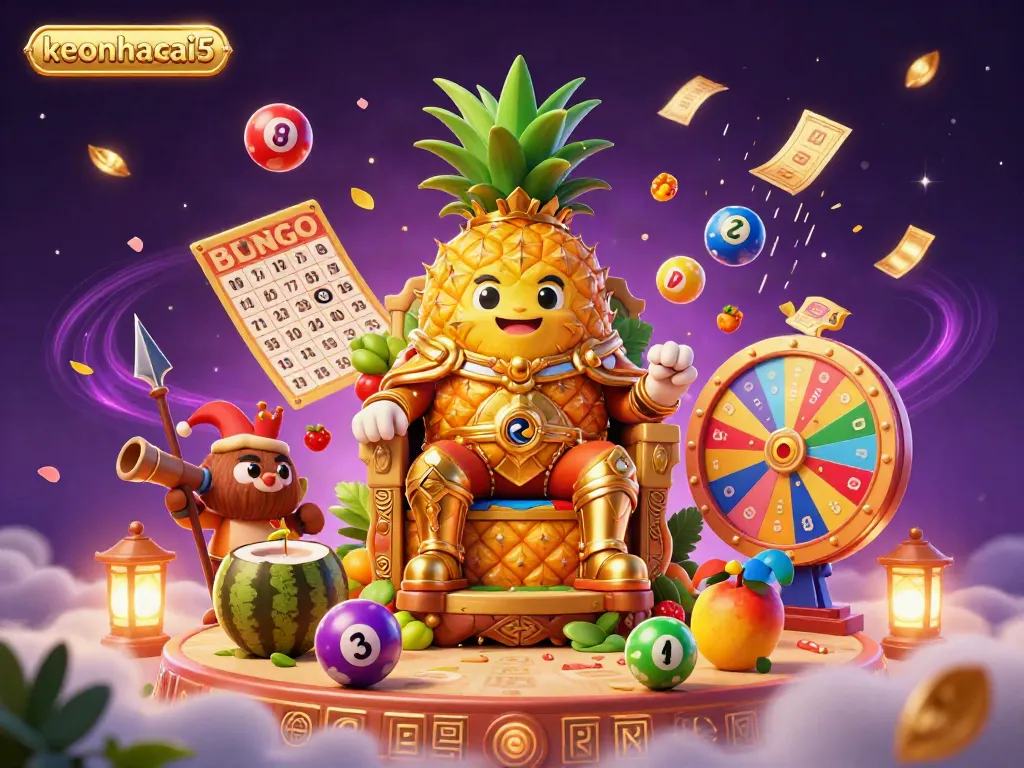 Exciting scene of keonhacai5 with a golden pineapple king and lottery elements creating a vibrant beach casino atmosphere.