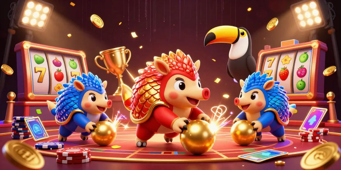 Slot yang menarik dengan pangolin berwarna-warni dan elemen kasino berkilauan.