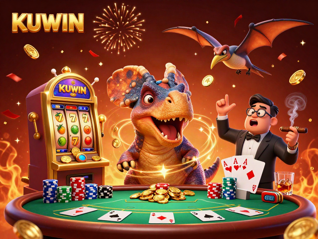 KUWIN portrays a pachycephalosaurus winning jackpots at a casino, showcasing vibrant gambling elements.