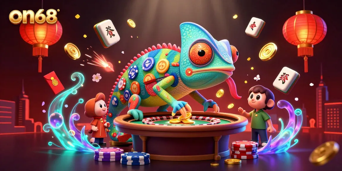 Engage in thrilling gaming action at on68 with a vibrant casino scene featuring a chameleon owner and dynamic elements.