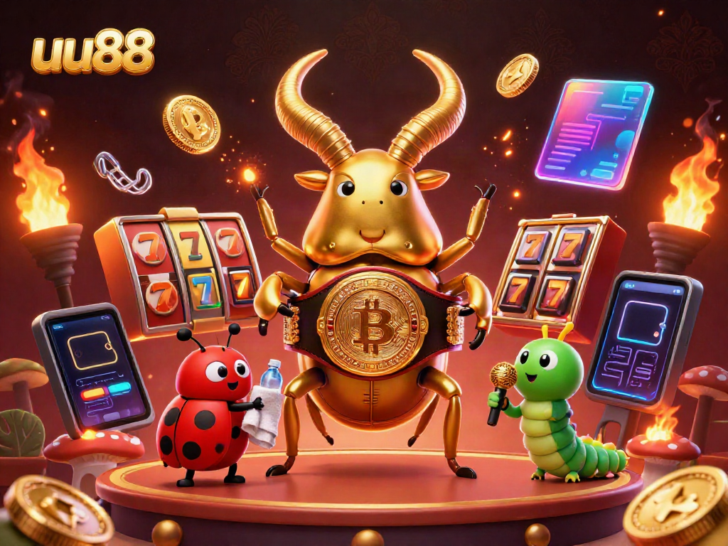 UU88 showcases thrilling slot games featuring lucky symbols and coins in an immersive scene.