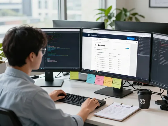 Troubleshooting a pecah 404 error in a modern office with developers focused on code.