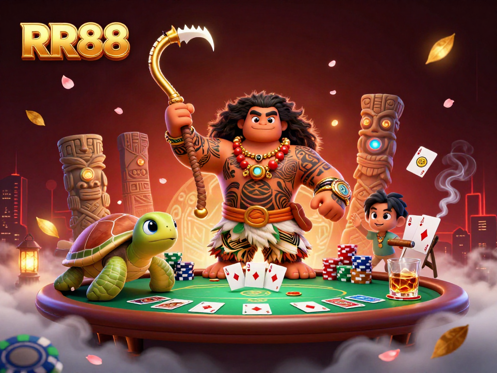 RR88 offers intense gaming experiences as the demigod and turtle conquer the vibrant casino world.