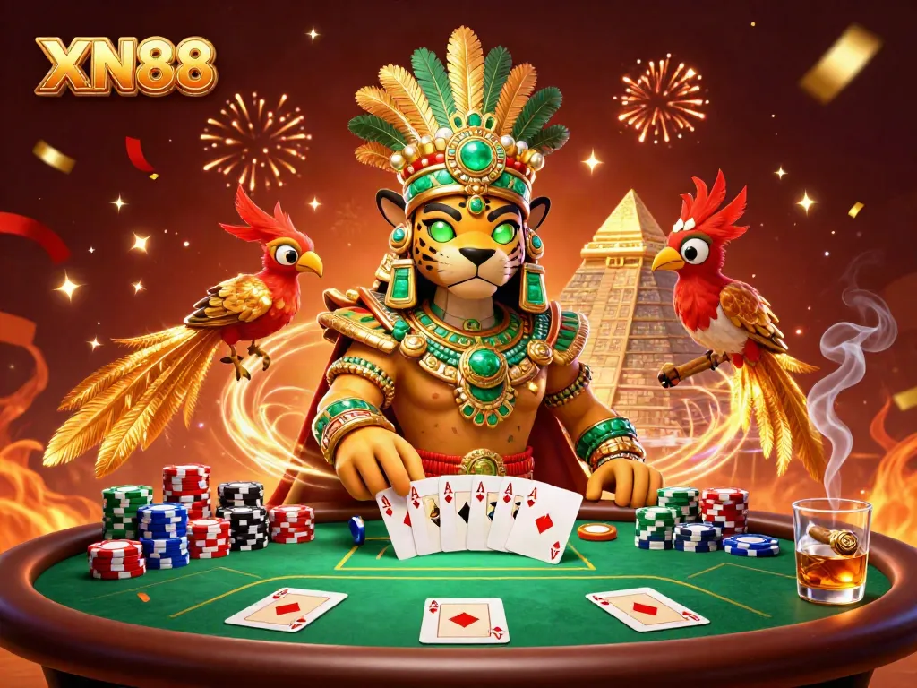 Engage with XN88 at a vibrant casino scene featuring dynamic game elements and Mayan themes.
