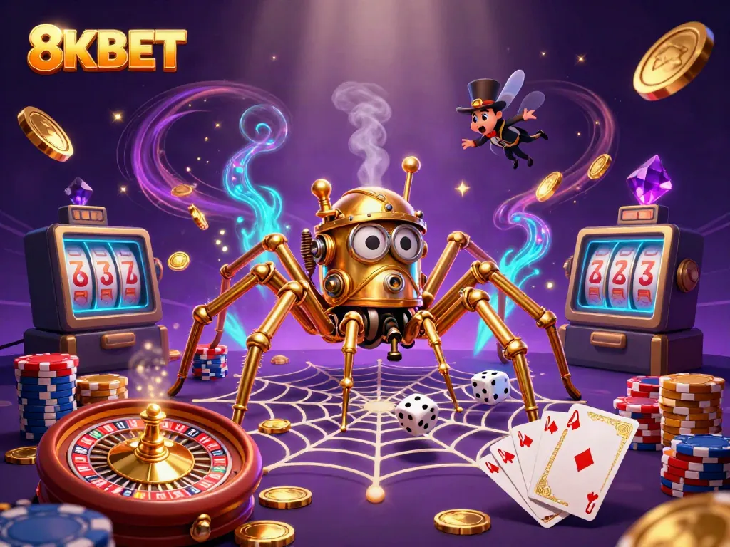 Engage with 8KBET's captivating steampunk casino theme full of vibrant characters, golden coins, and dynamic gaming elements.