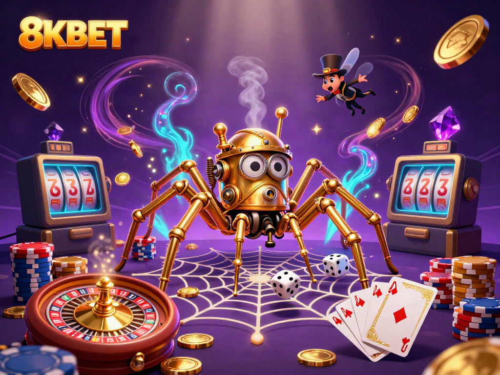 Engage with 8KBET's captivating steampunk casino theme full of vibrant characters, golden coins, and dynamic gaming elements.