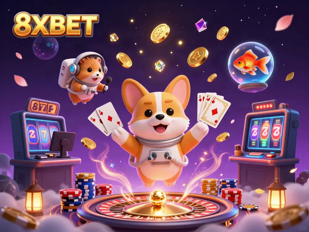 Experience thrilling gaming with 8XBET in this vibrant, action-packed casino scene featuring a floating corgi and more.