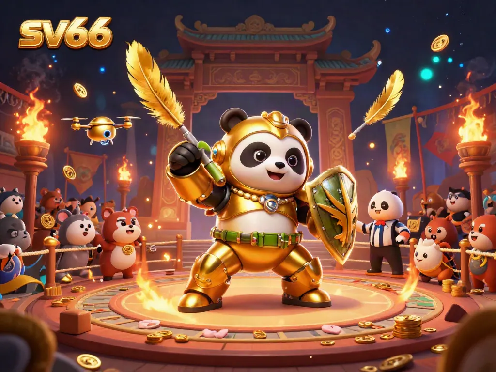 Engage in thrilling gaming action with sv66, featuring a golden panda in a mech-suit surrounded by vibrant gambling elements.