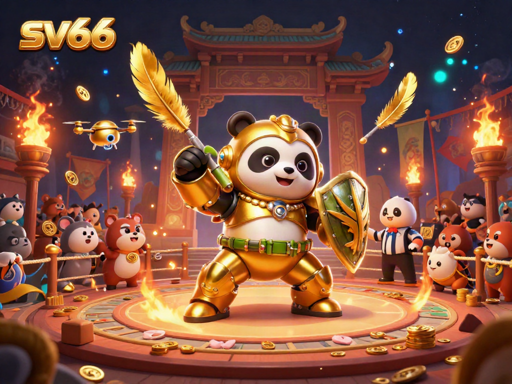 Engage in thrilling gaming action with sv66, featuring a golden panda in a mech-suit surrounded by vibrant gambling elements.