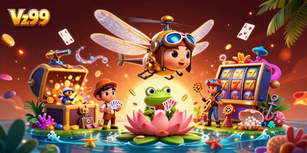 Experience top-tier gaming excitement with Vz99's unique frog dealer and whimsical scene.
