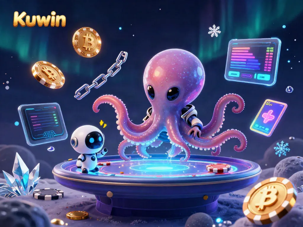 Kuwin's vibrant alien octopus operating a holographic poker table with cryptocurrency elements.