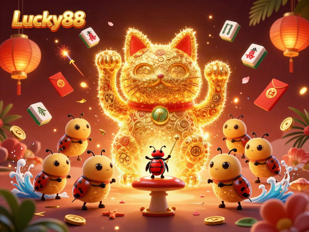 Experience the exciting Lucky88 casino with golden fireflies and vibrant gaming elements.