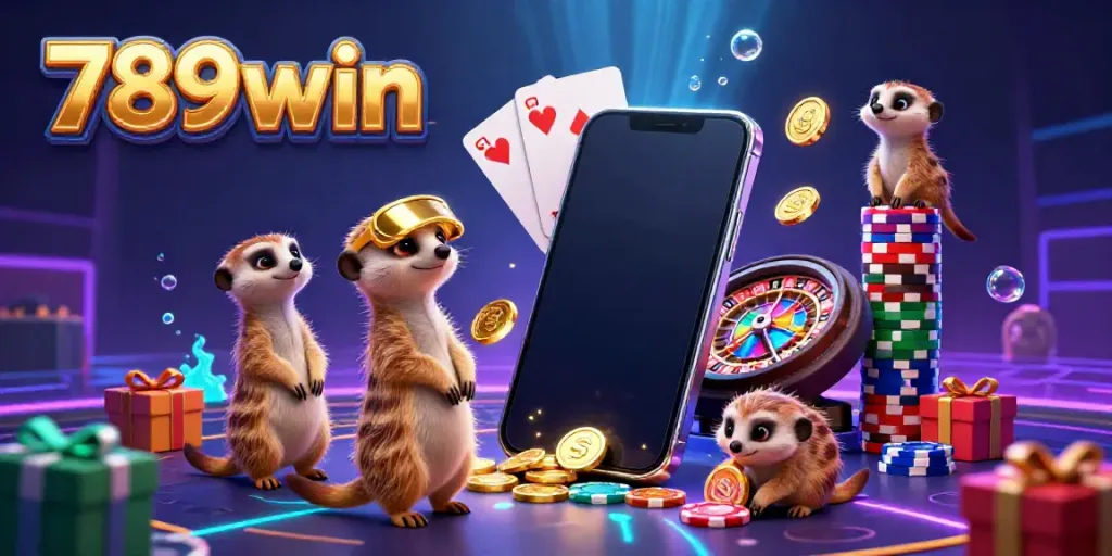 Engage with the exciting 789win casino scene featuring meerkats managing gaming operations with vibrant elements.