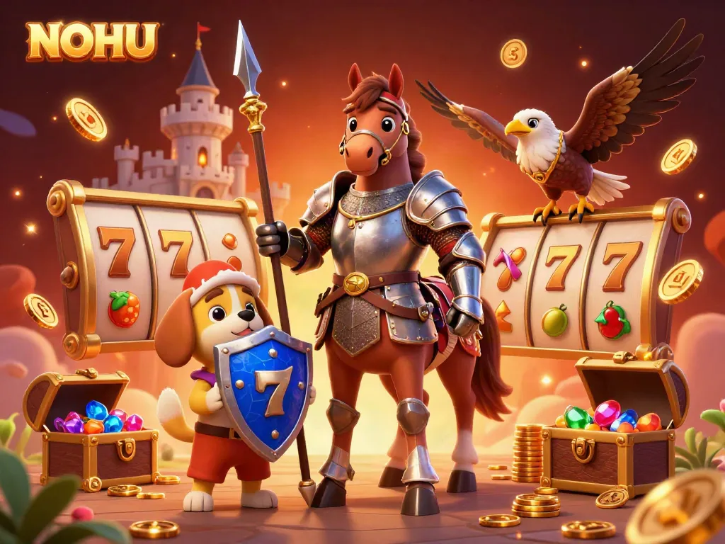 Spin jackpots with NOHU featuring knight, puppy, and falcon amidst vivid slot reels.
