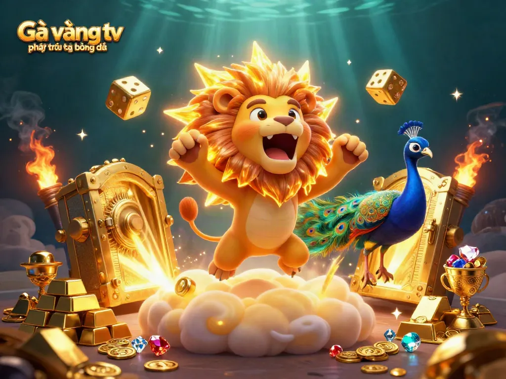 Bet on Gà vàng tv phát trực tiếp bóng đá with a dynamic scene of bold lion and treasures.