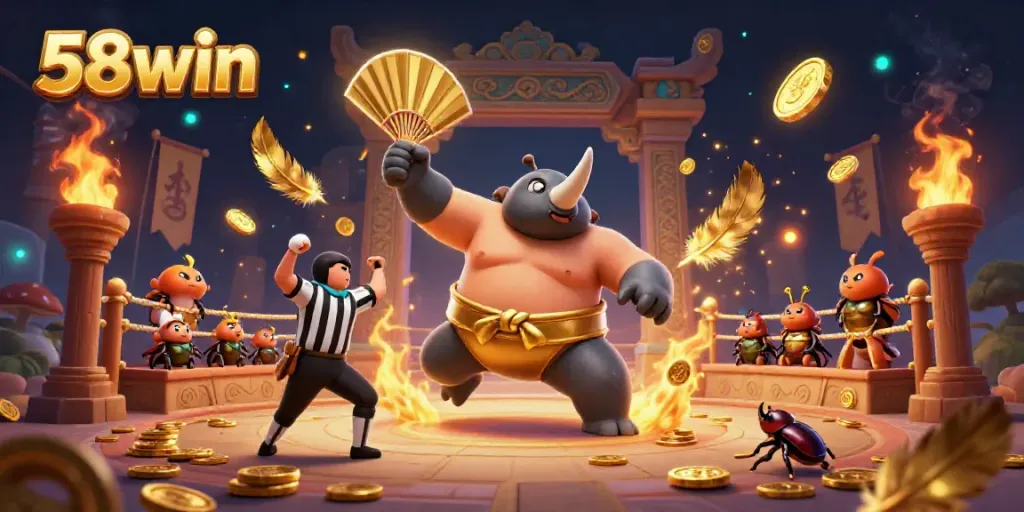 Experience the excitement of 58win with a thrilling sumo beetle showdown in a dynamic casino scene.