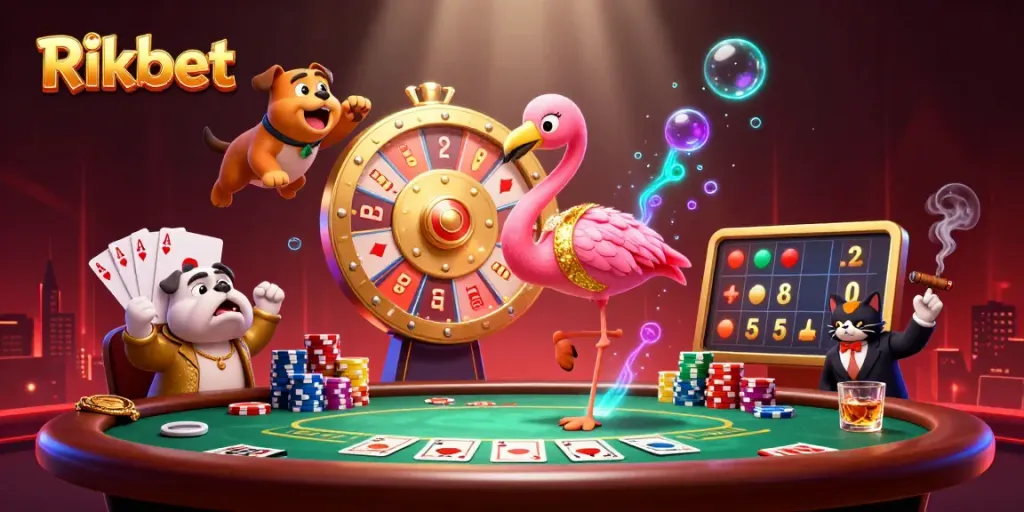 Rikbet showcases an exciting gaming scene with a flamingo host, bulldog contestant, and vibrant poker elements.