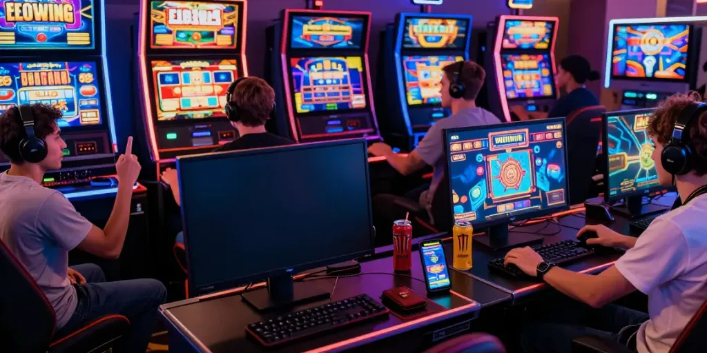 Players enjoying link gacor slot games on various devices in a vibrant online casino environment