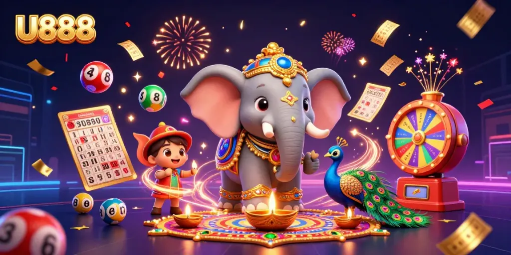 Engage in thrilling gaming activities at U888 with festive casino elements and dynamic atmosphere.