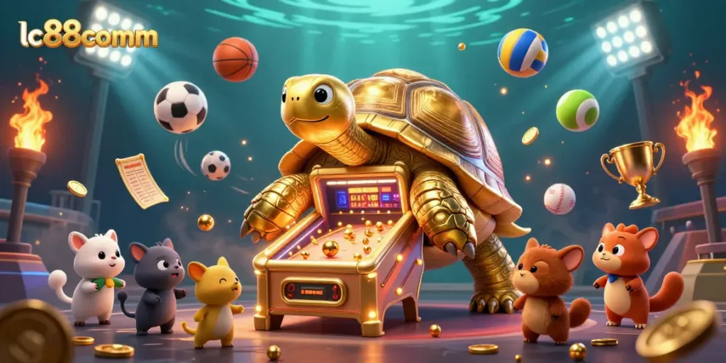 Play thrilling games at lc88comm with a lively scene of casino excitement and sports action.