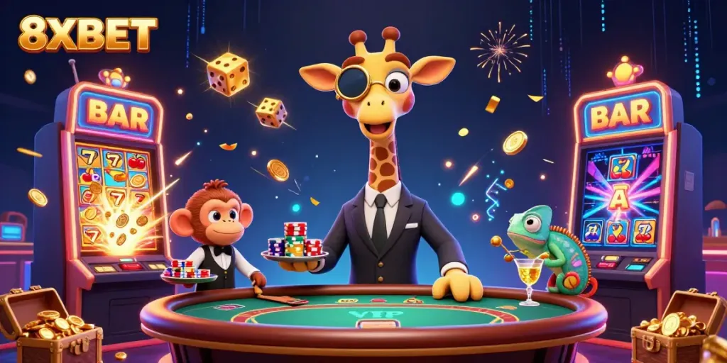 Experience exciting jackpots and vibrant gameplay with 8XBET in this colorful casino scene.