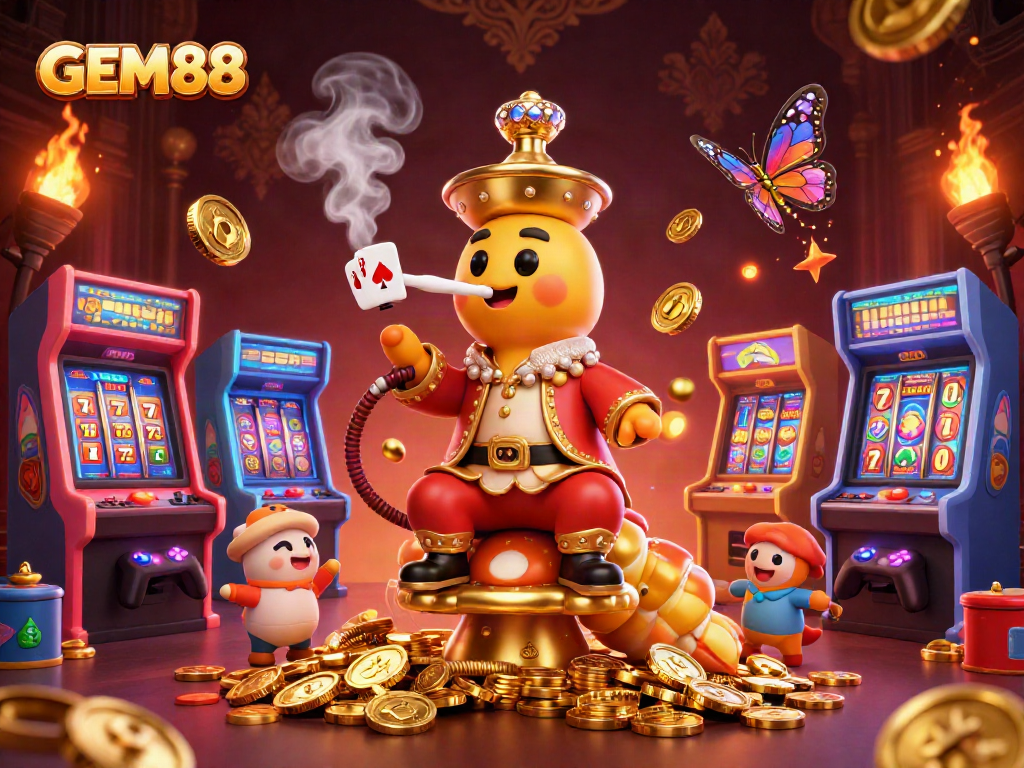 Play thrilling games at GEM88 with engaging visuals of a charismatic caterpillar master in a vibrant casino