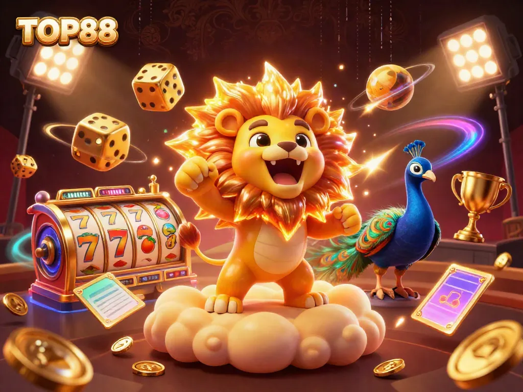 Spin the reels with TOP88, featuring vibrant 3D characters and dynamic casino elements for an unforgettable gaming experience.