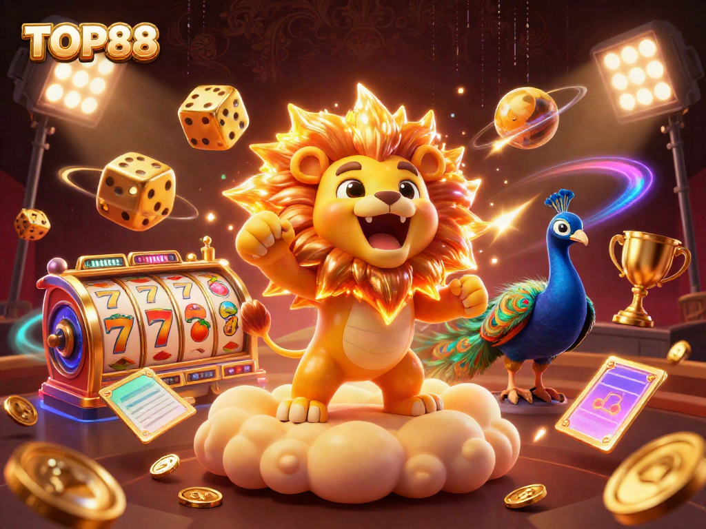 Spin the reels with TOP88, featuring vibrant 3D characters and dynamic casino elements for an unforgettable gaming experience.