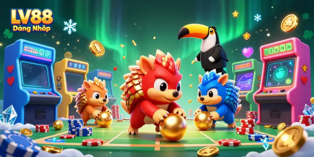 Engage in thrilling gameplay with LV88 Đăng Nhập, featuring rival pangolins in an animated casino gaming scene.